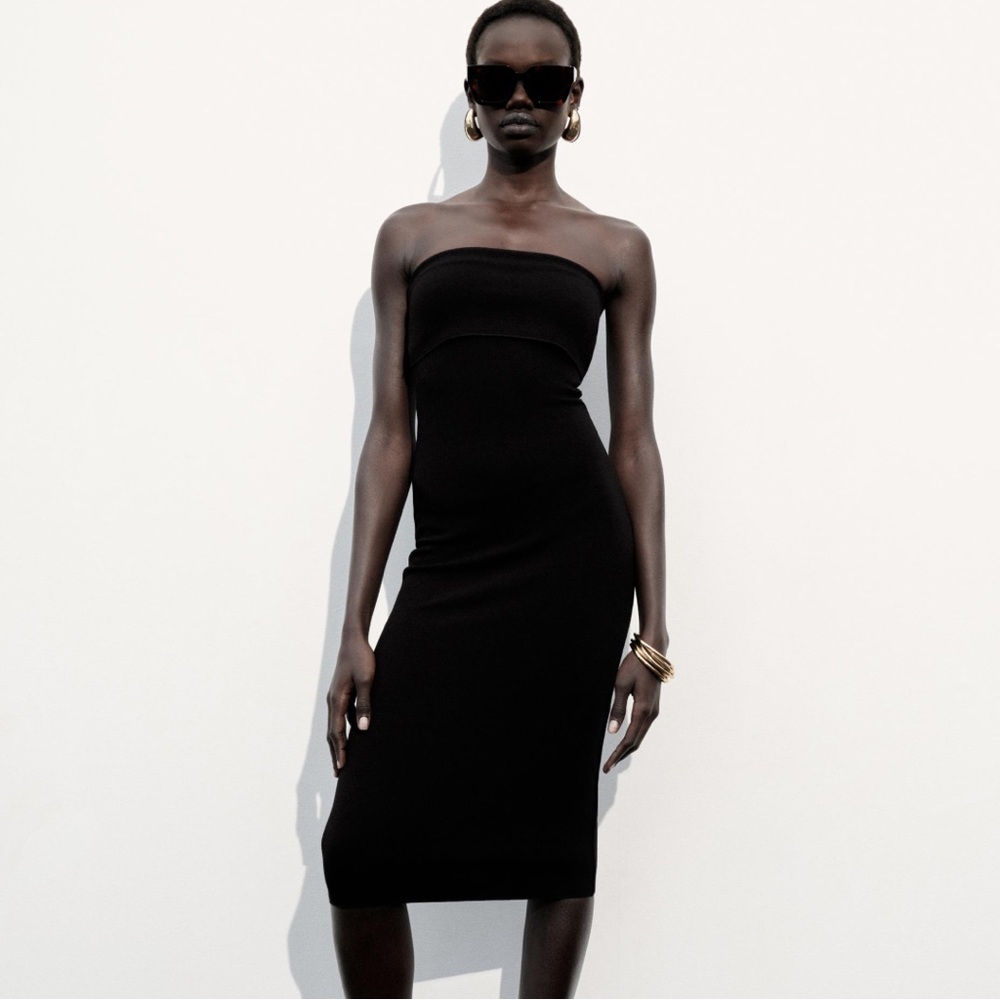 Zara Black Strapless Stretch Knit Midi Dress | Sz M